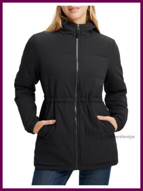 Women's Long Quilted Puffer Jacket Hooded Cinched Waist Winter Coat
